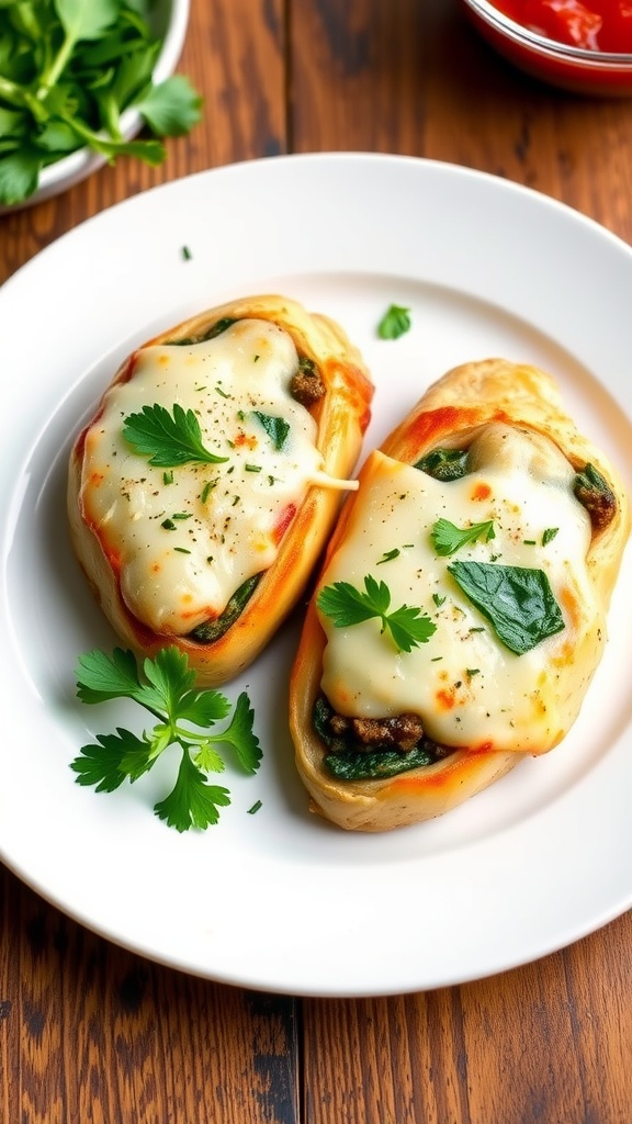 Savory stuffed chicken breasts filled with beef and spinach, served with marinara sauce on a rustic table.